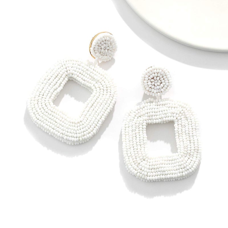 Boderier Beaded Drop Earrings Bohemian Beaded Square Hoop Dangle Statement Earrings (White) - Image 5